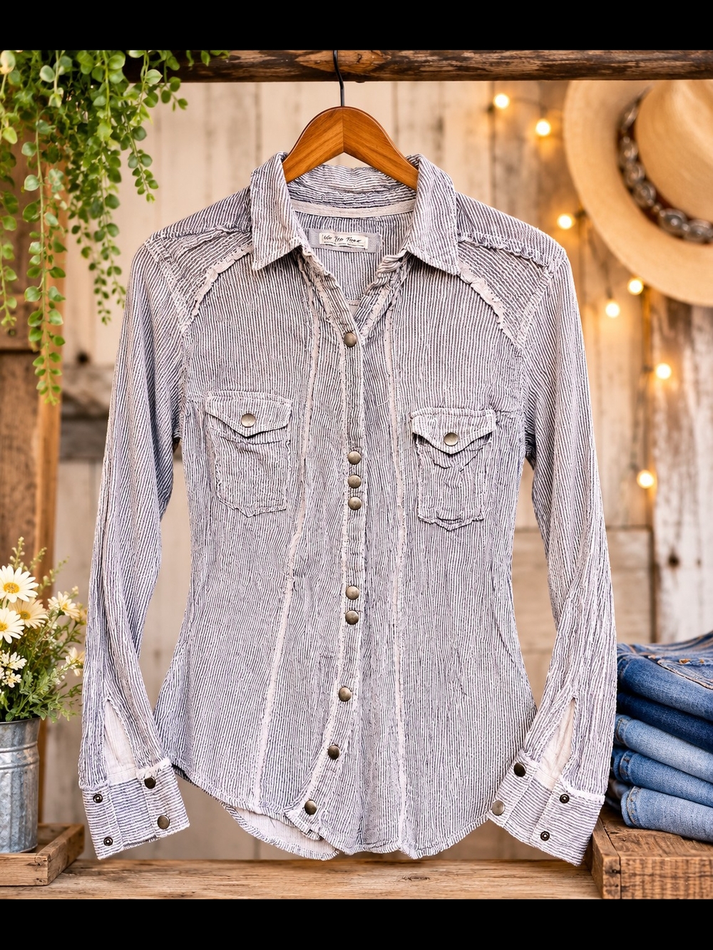 We The Free Striped Button-Down Shirt in Faded Blue and White